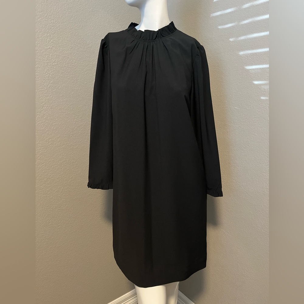 J. CREW Women’s Black Ruffleneck 3/4  Sleeves Shift  Mini Dress Size 8